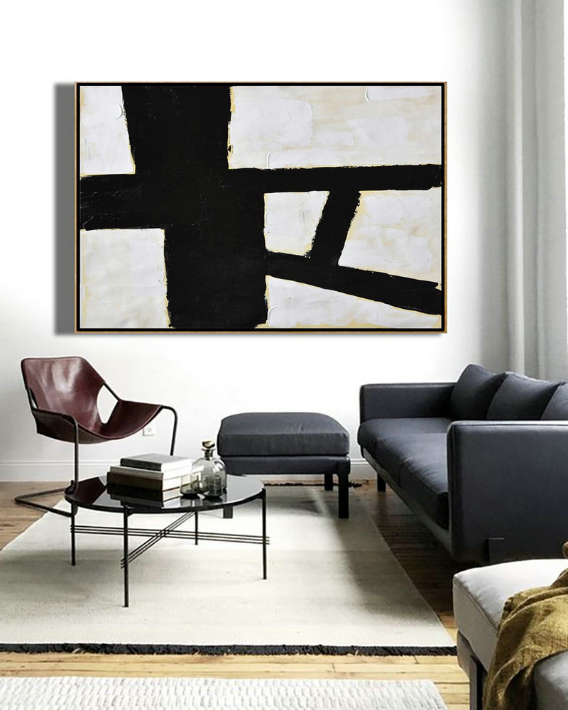 Hand Painted Original Art,Horizontal Palette Knife Minimal Canvas Art Painting Black White Beige - Contemporary Art Wall Decor